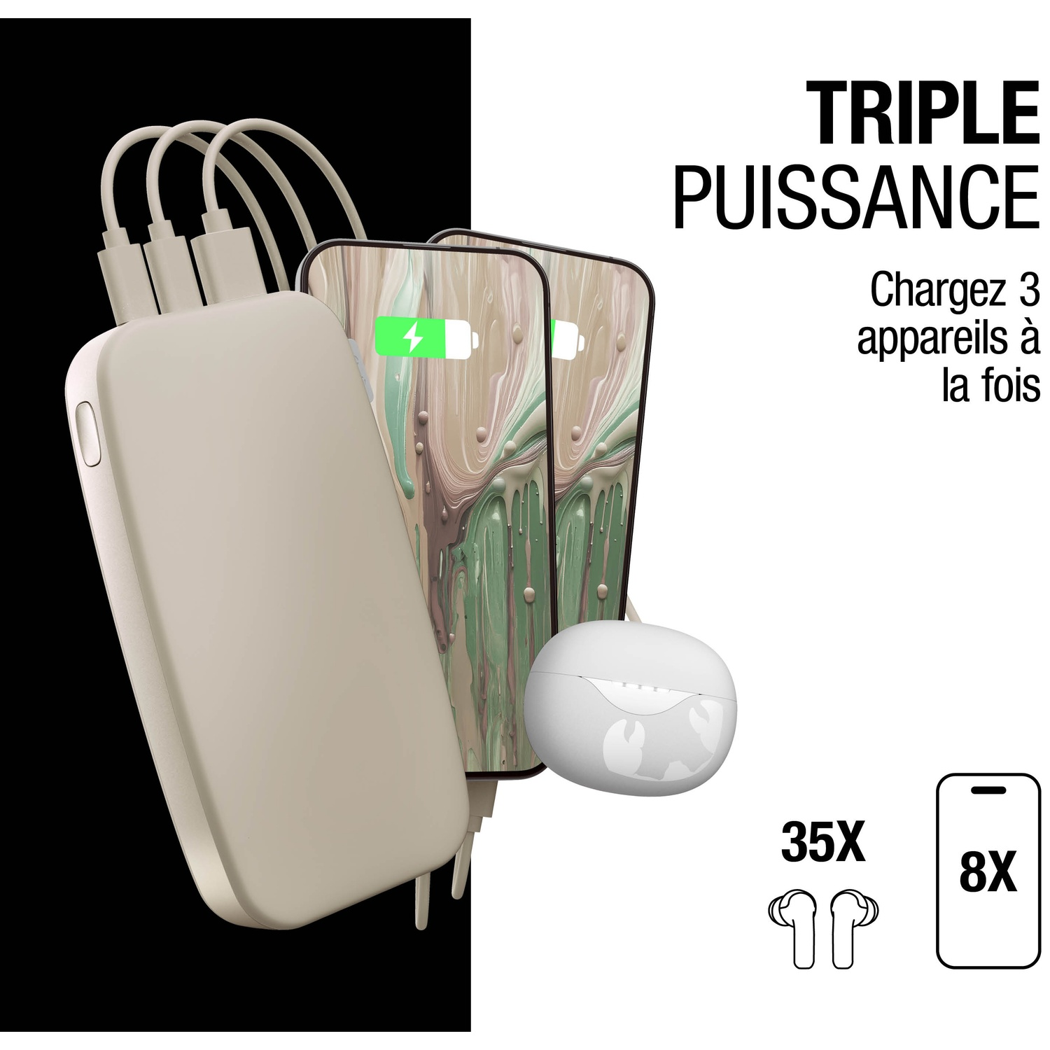 Une batterie externe beige charge trois smartphones et des écouteurs blancs.
