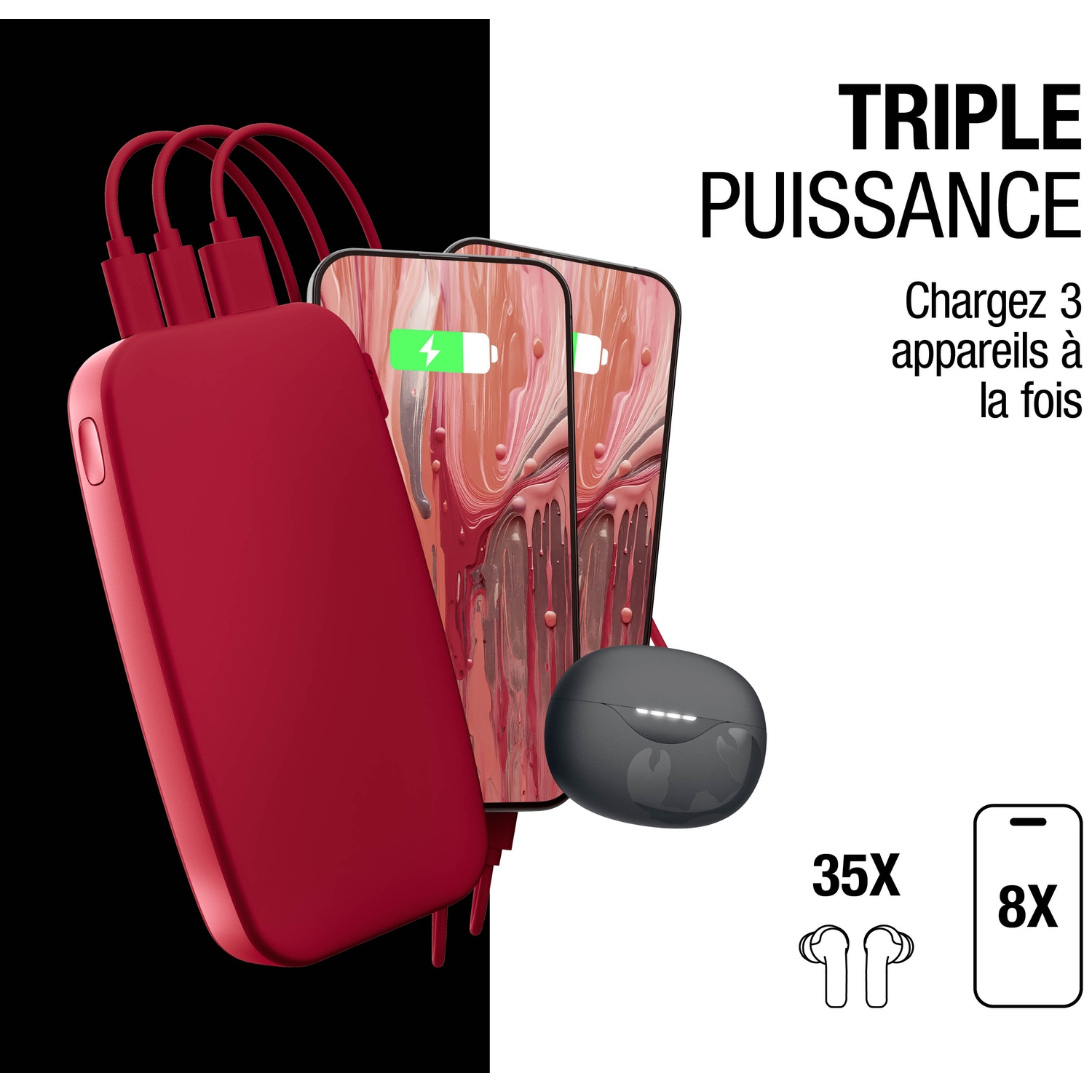Batterie externe rouge charge deux téléphones; à côté, un étui de chargement d'écouteurs noir.