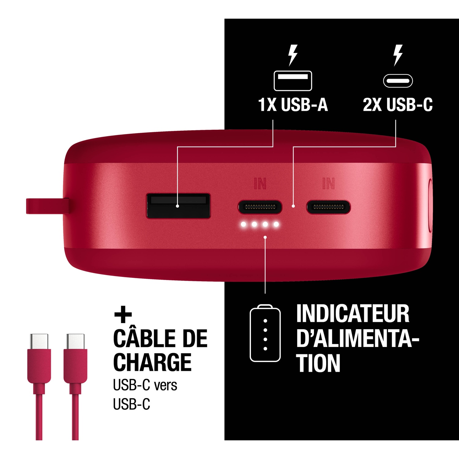 Batterie externe rouge avec port USB-A, 2 ports USB-C et indicateur.