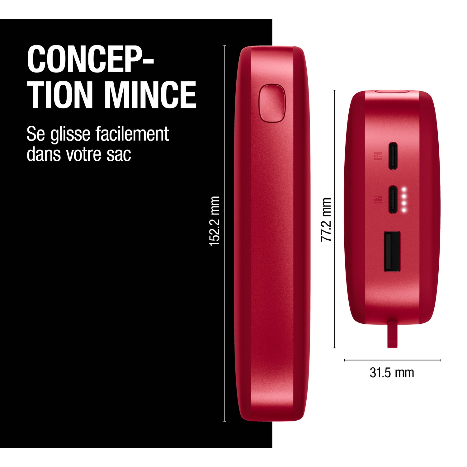Batterie externe rouge avec ports et indicateurs LED, 152,2 mm de haut.
