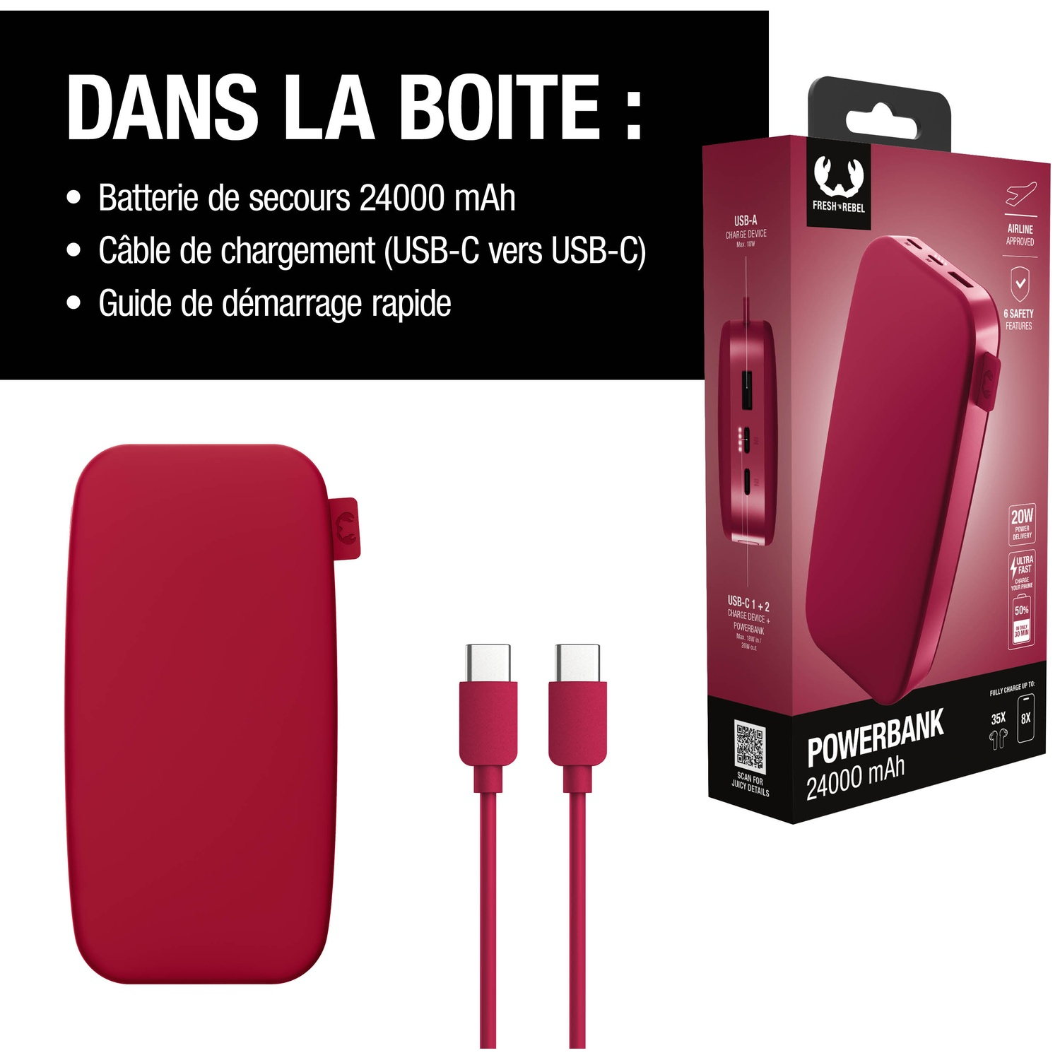 Batterie externe rouge 24000 mAh avec deux câbles USB-C et emballage.