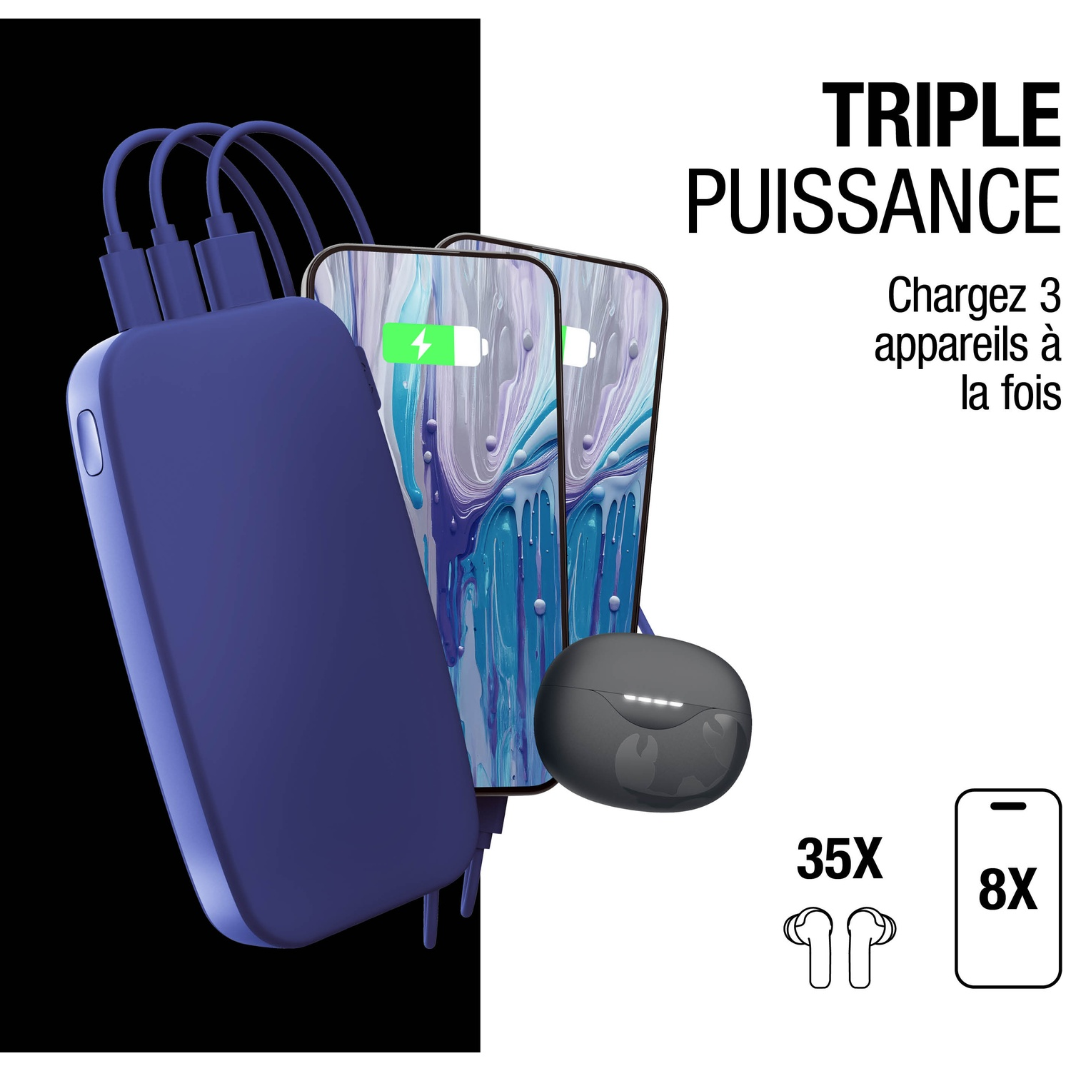Batterie externe violette chargeant trois téléphones. Écouteurs gris et icônes.
