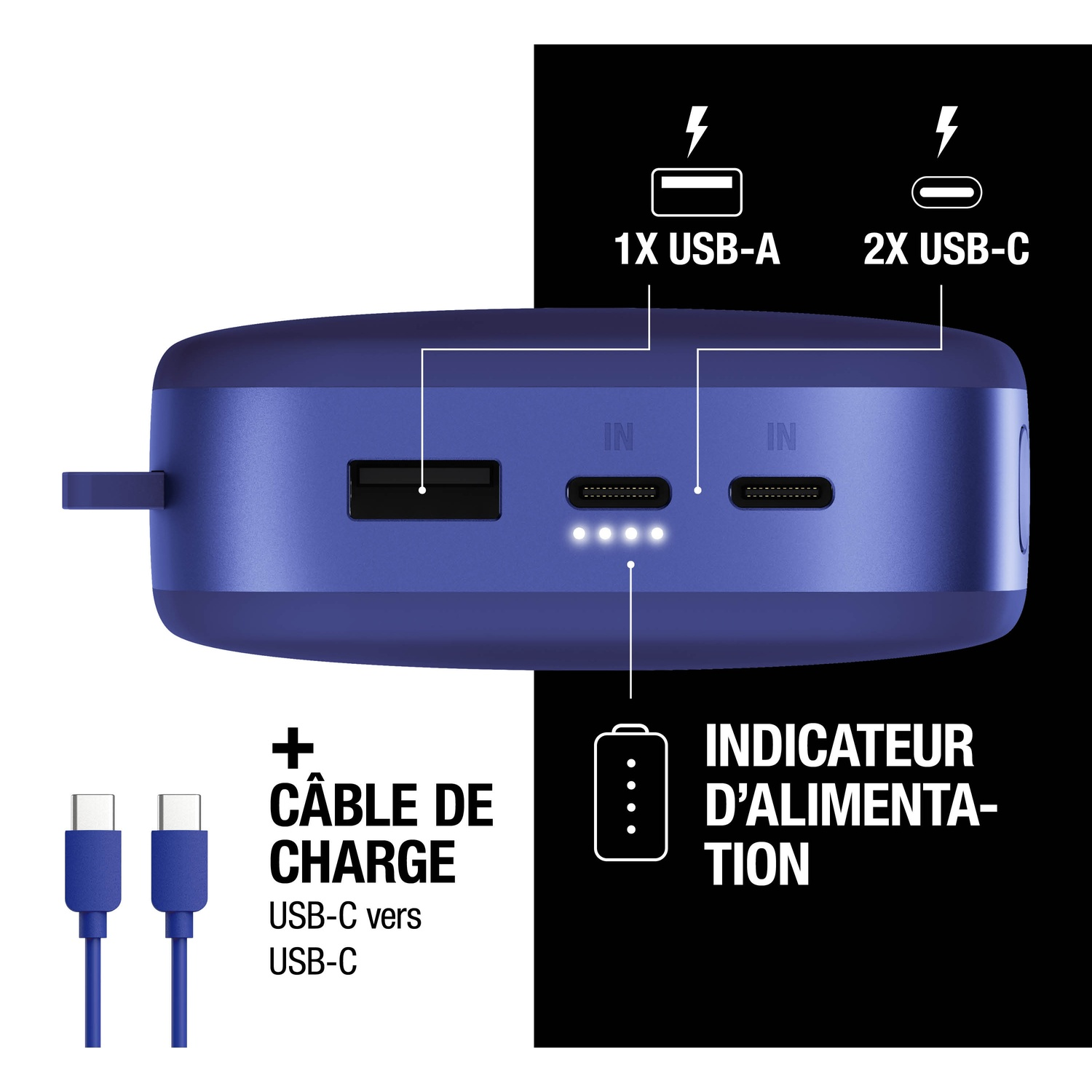 Batterie externe bleue avec ports USB-A, 2x USB-C et câble de charge.