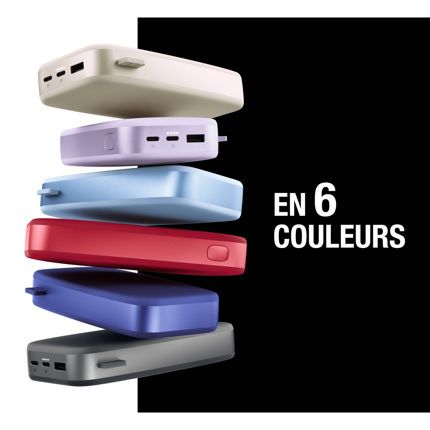 Six batteries externes empilées en beige, violet, bleu clair, rouge, bleu et gris.