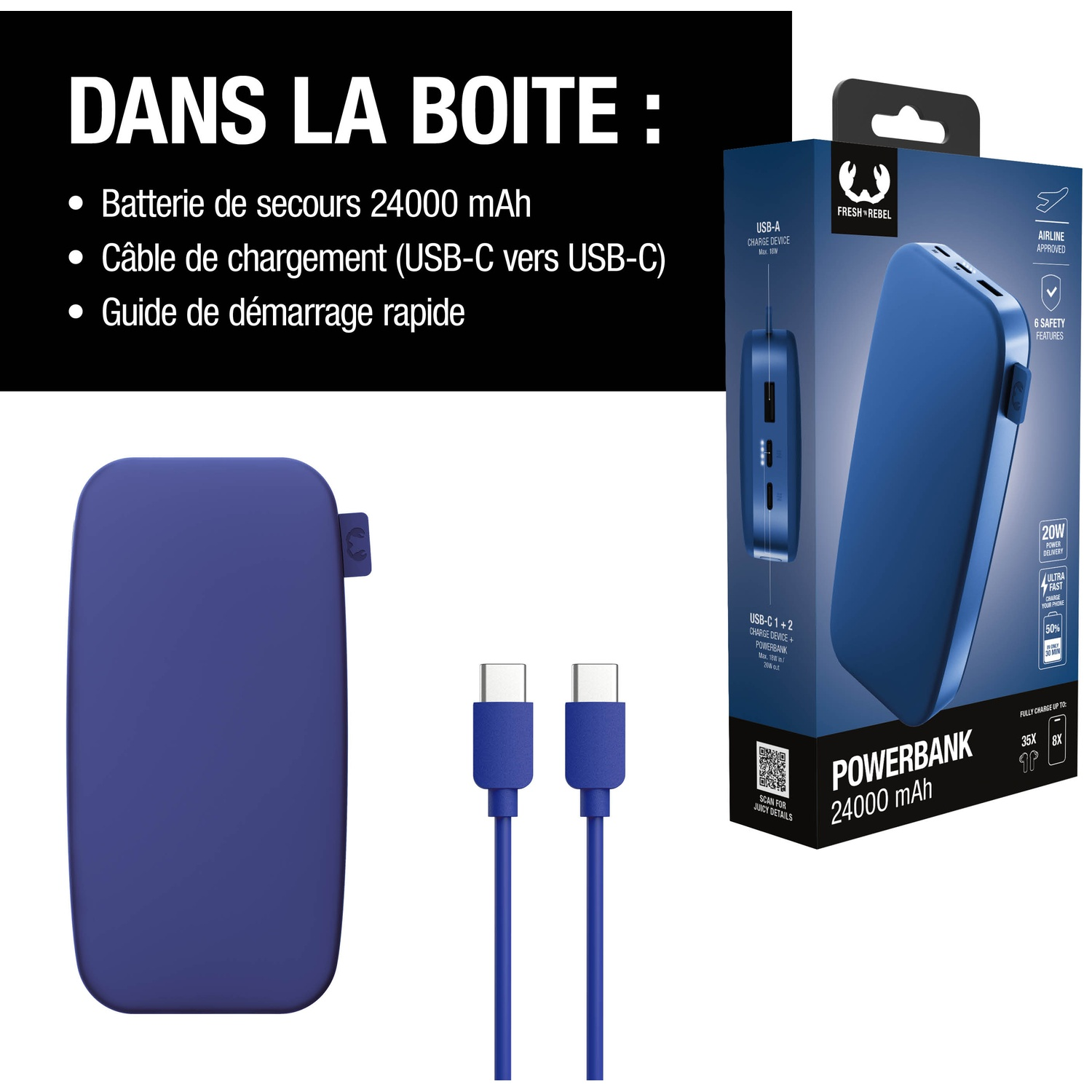 Batterie externe bleue 24000 mAh, câble USB-C et boîte.
