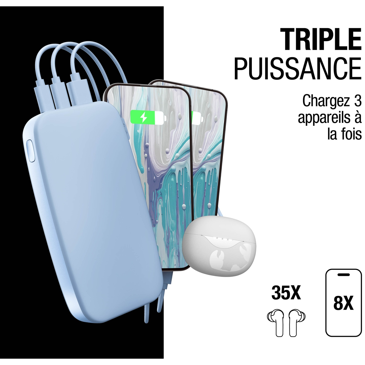 Une batterie externe bleue charge deux téléphones. Un étui de chargement pour écouteurs est à côté.