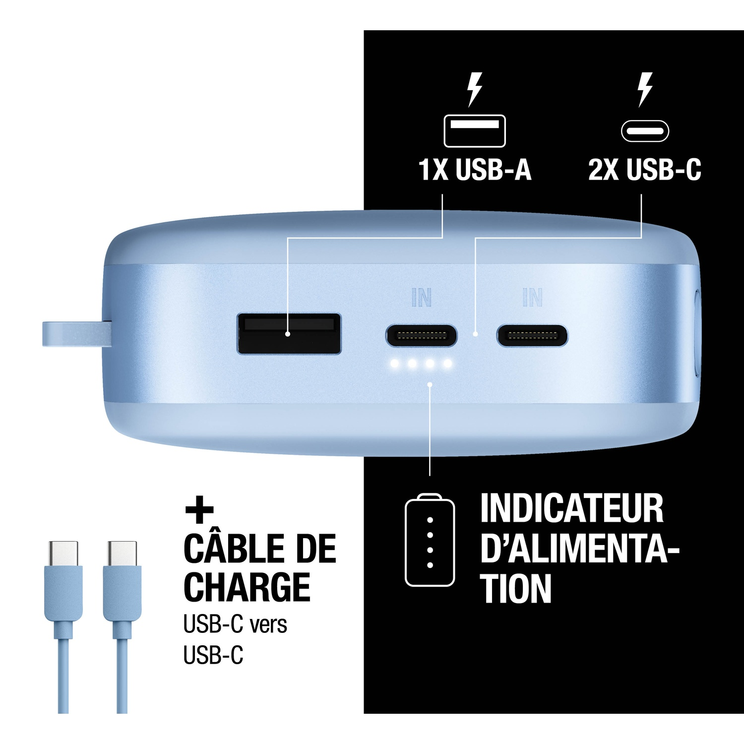 Un appareil de banque d'alimentation bleu clair avec ports et câbles de charge.
