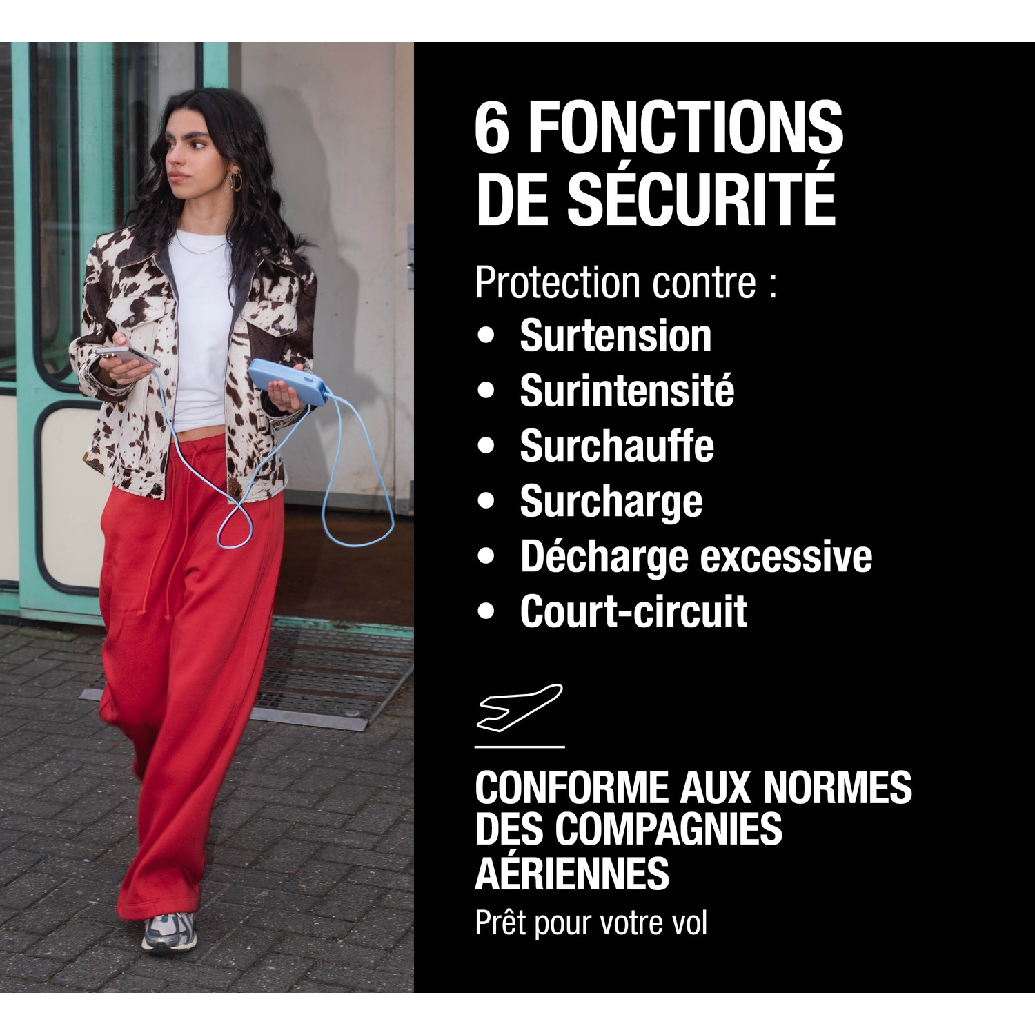 Femme avec batterie externe et téléphone, texte sur la sécurité. Conforme aux compagnies aériennes.