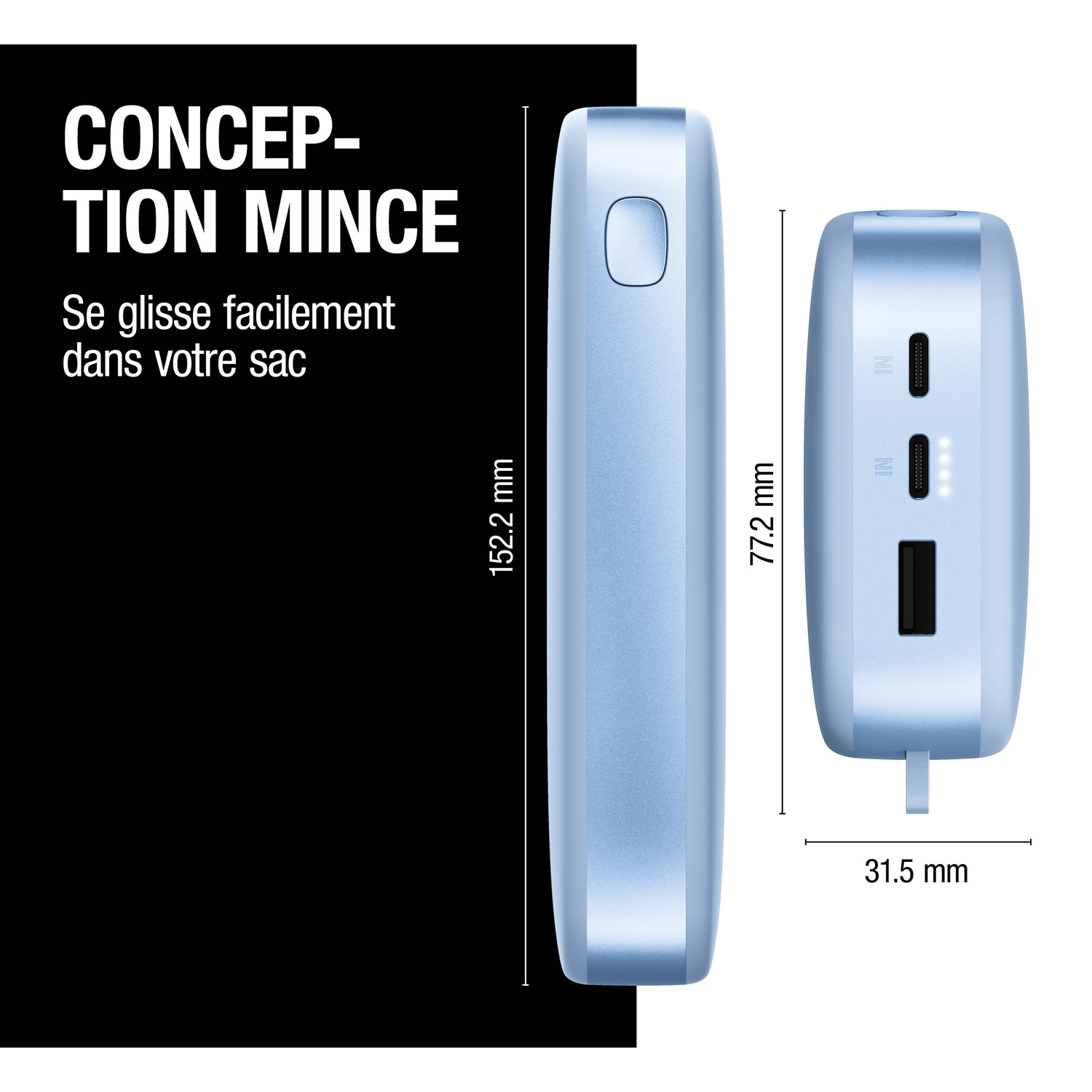 Un chargeur de banque d'alimentation bleu clair avec ports et dimensions.