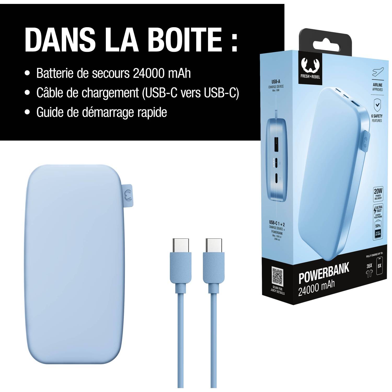 Batterie externe bleu clair avec câble de chargement et emballage. 24000 mAh.