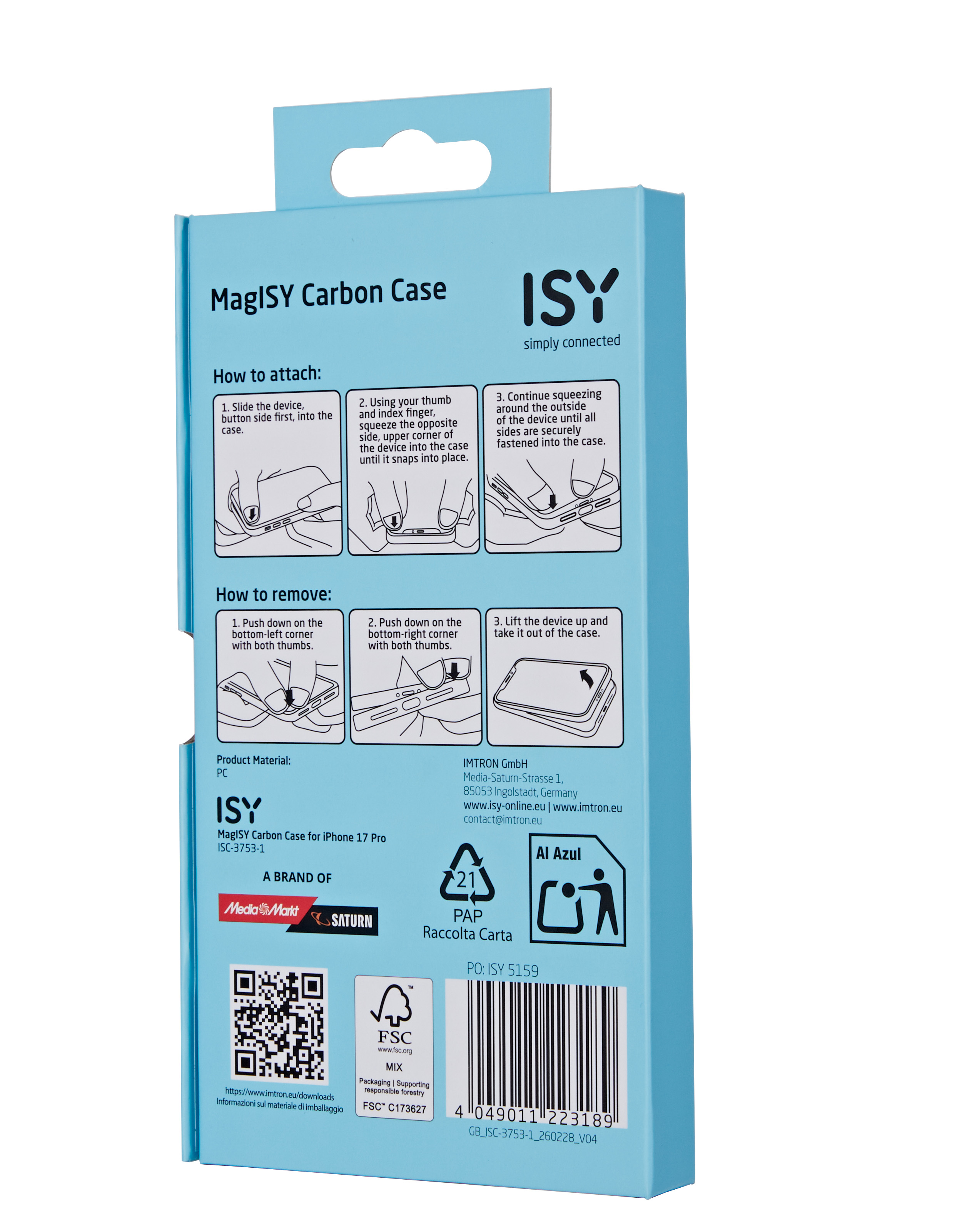 Verpackung für ISY MagISY Carbon Case für iPhone 17 Pro mit Anleitungen.