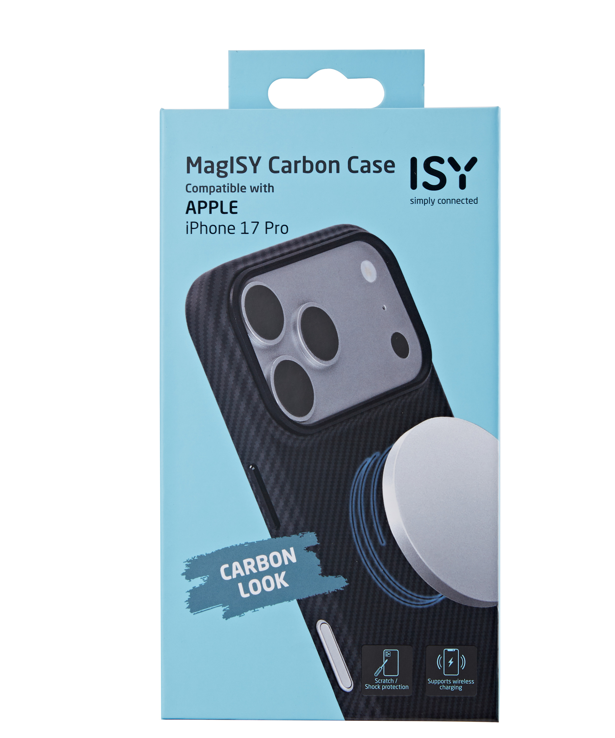 Verpackung für eine schwarze Carbon-iPhone-15-Pro-Hülle mit MagISY-Logo.