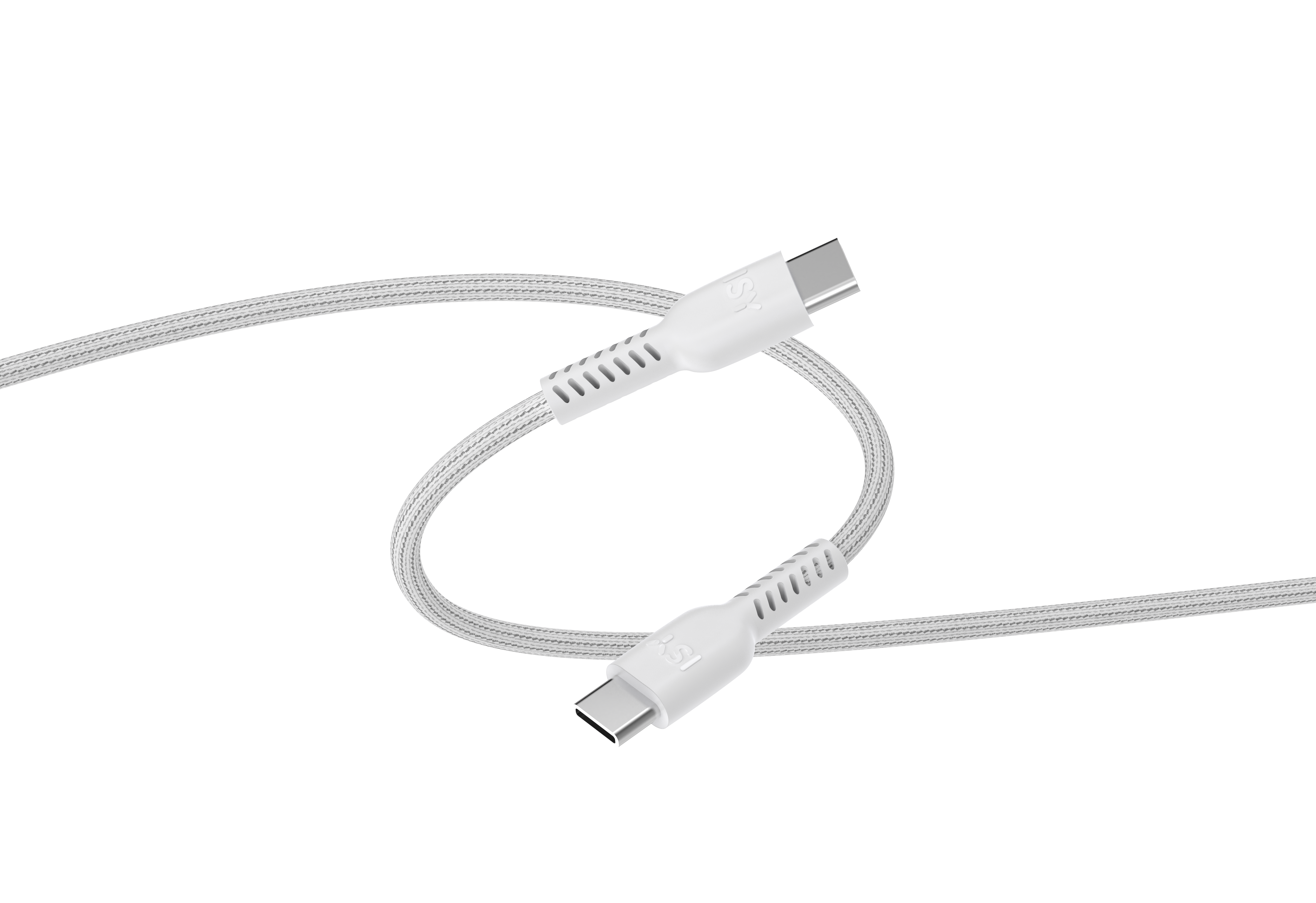 Ein weißes USB-C-Kabel mit grauem Geflecht auf schwarzem Hintergrund.