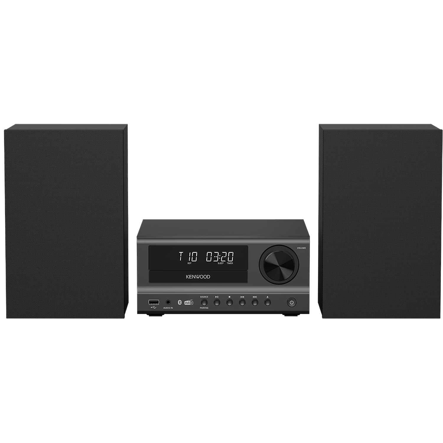 Ein Kenwood Stereo-System mit zwei schwarzen Lautsprechern und einem zentralen Player.