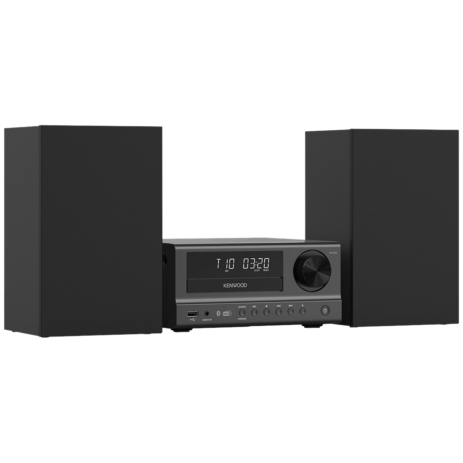 Ein schwarzes Kenwood-Stereosystem mit zwei Lautsprechern und einem zentralen Hauptgerät mit Display.