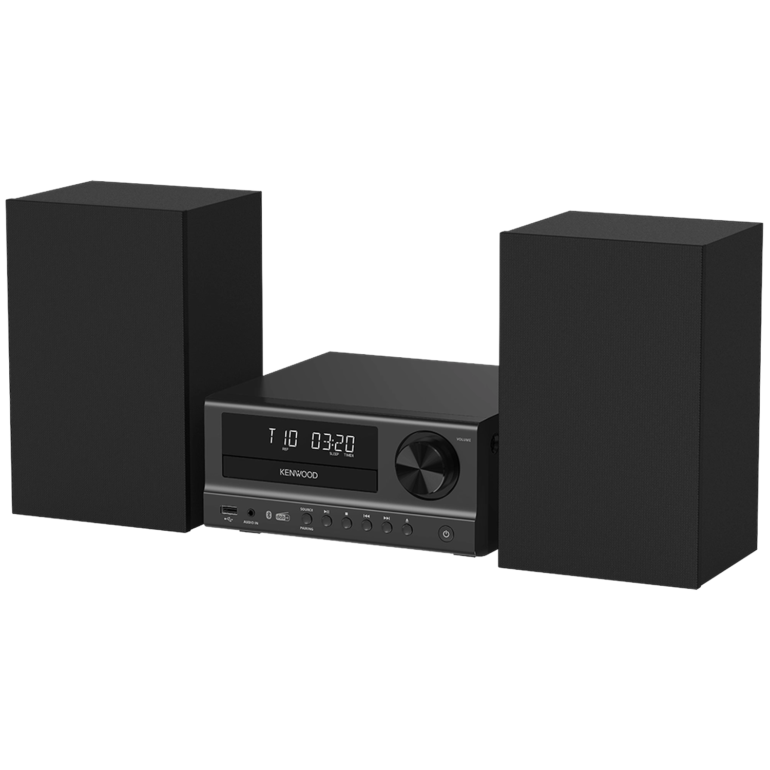 Ein schwarzes Kenwood Mikro-Stereosystem mit zwei Lautsprechern.