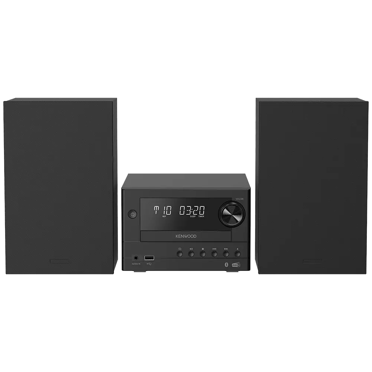 Ein schwarzes Kenwood Hi-Fi-System mit zwei Lautsprechern und einer zentralen Einheit.
