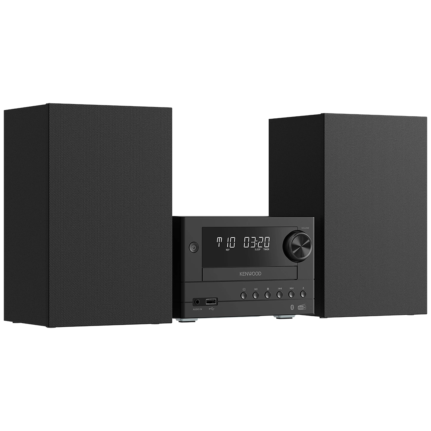 Kompaktes schwarzes Kenwood Stereo-System mit zwei Lautsprechern und zentraler Einheit.