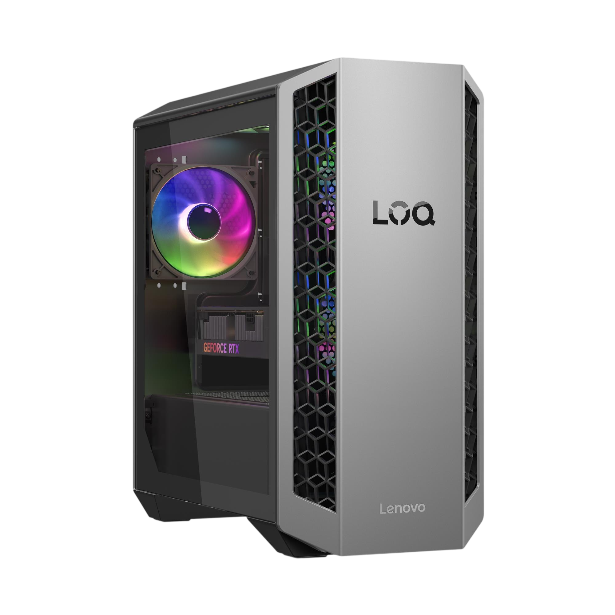 Ein silberner Gaming-PC mit RGB-Lüfter und "GEFORCE RTX"-Grafikkarte.