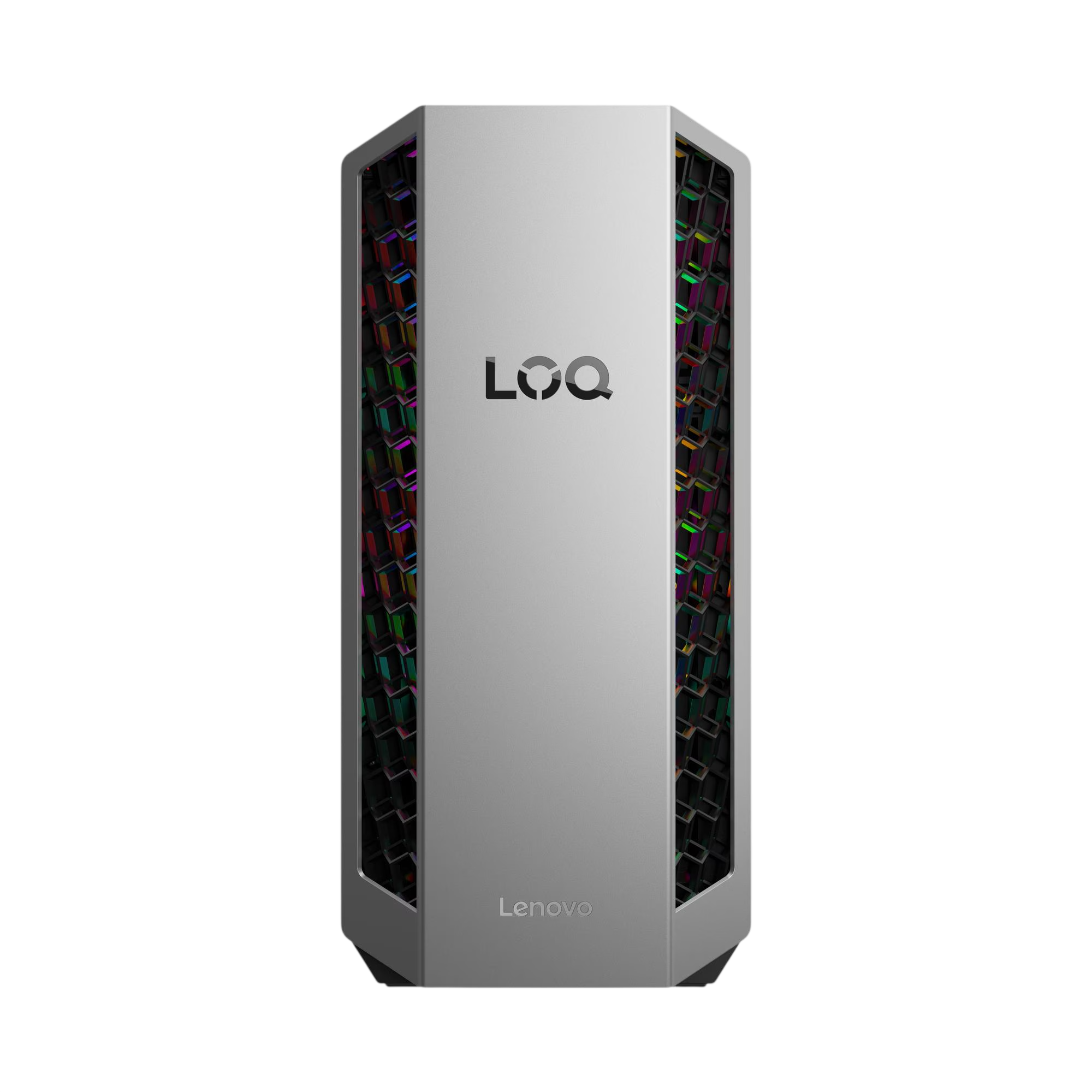 Silberner PC-Tower mit 'LOQ'-Logo und bunten, geometrischen Seitenlüftern.