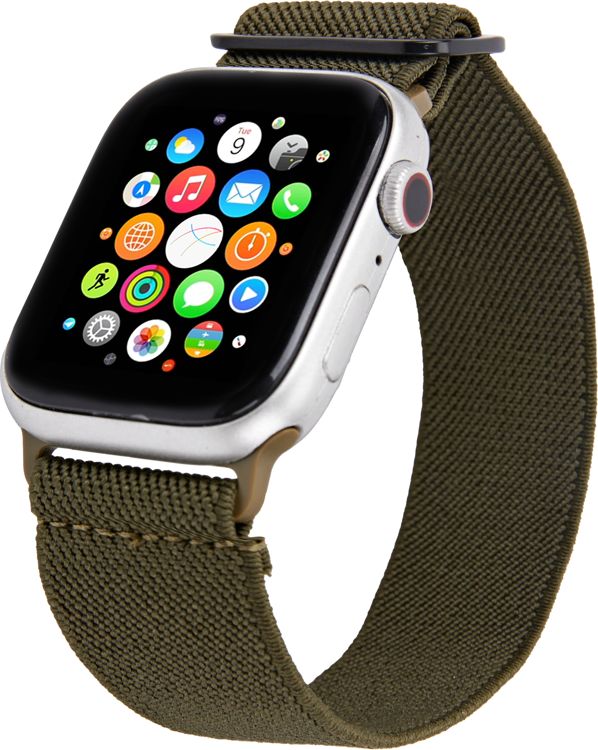 Silberne Smartwatch mit grünem Stoffarmband und vielen bunten App-Symbolen.