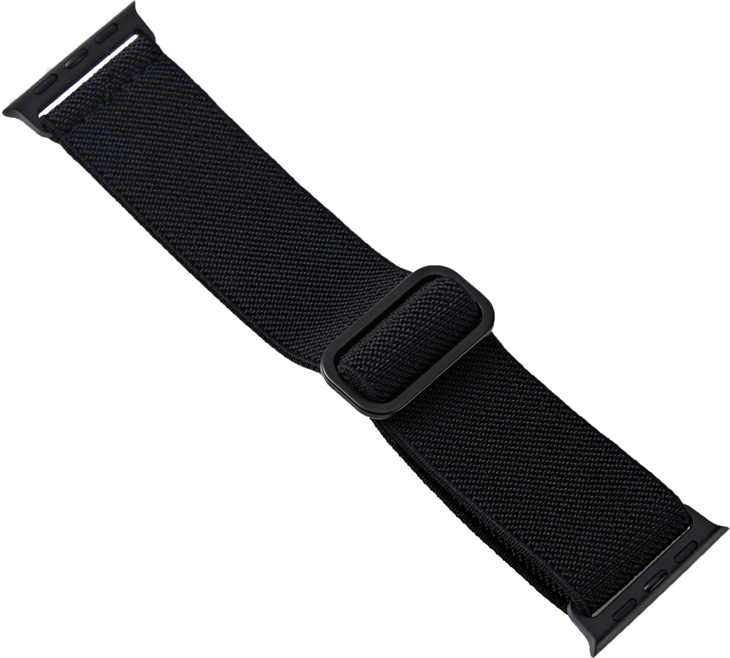 Schwarzes Stoffarmband mit schwarzer Schnalle für eine Smartwatch.