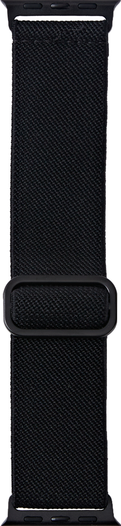 Schwarzes Stoffarmband für eine Smartwatch mit schwarzer Schnalle.