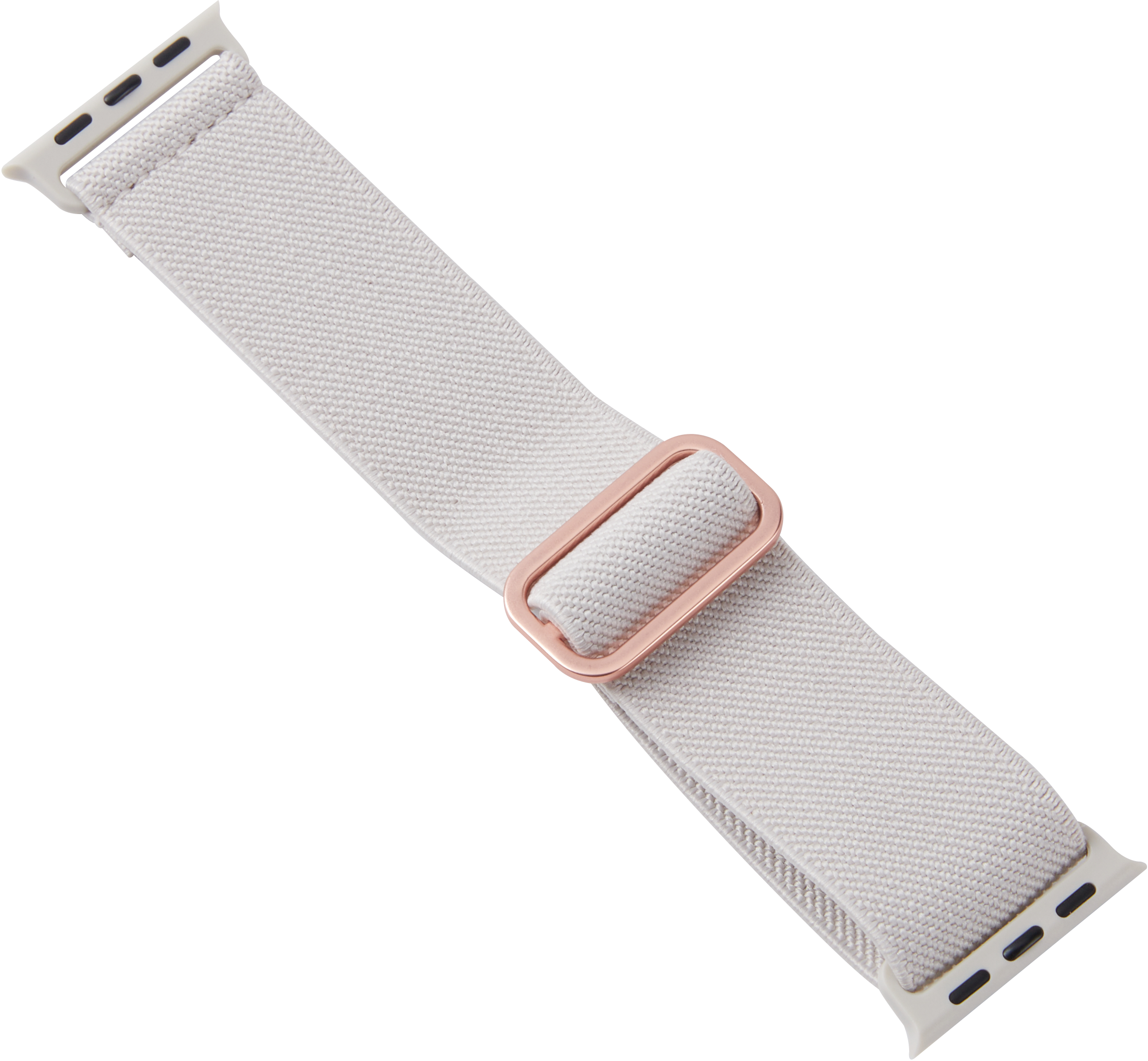 Ein hellgraues Textilarmband mit einer Roségold-Schnalle für eine Smartwatch.