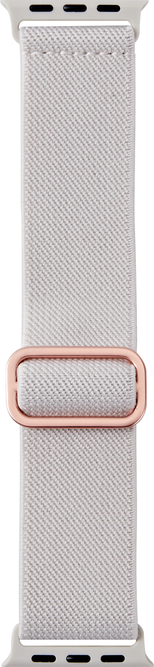 Graues Stoffarmband für Smartwatch mit roségoldfarbener Schnalle und weißen Anschlüssen.