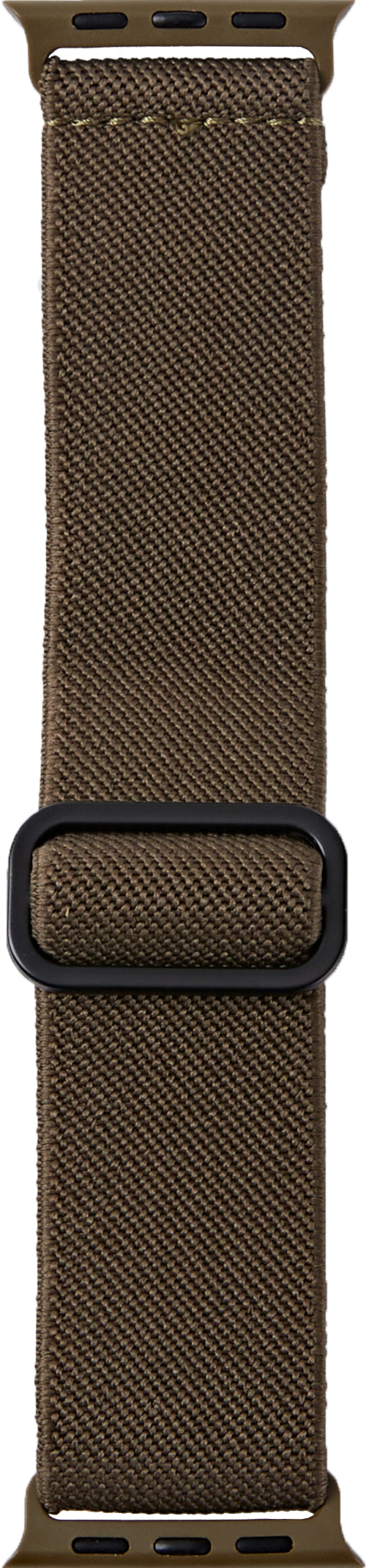 Ein braunes, gewebtes Uhrenarmband mit schwarzer Schnalle und braunen Metalladaptern.