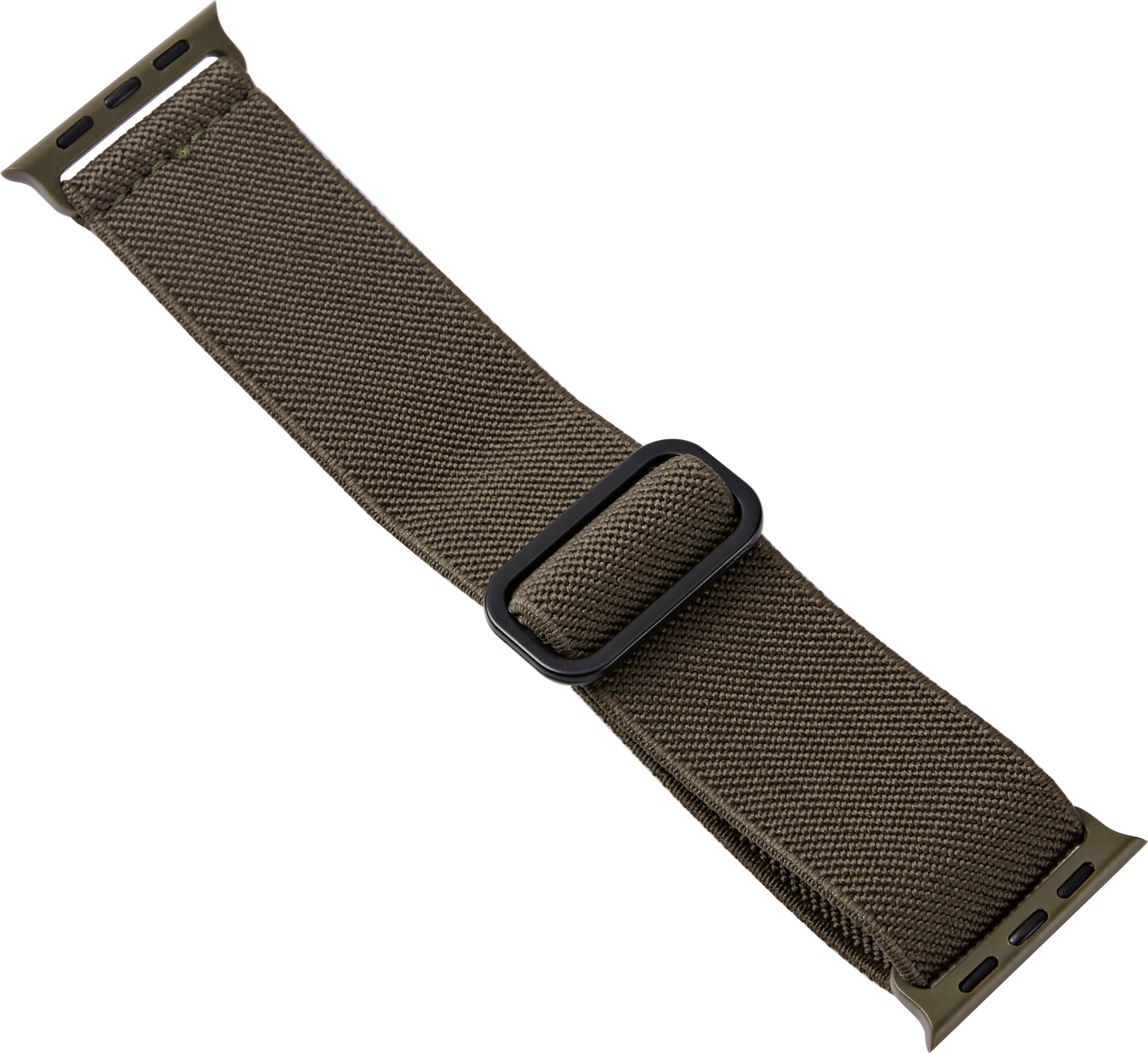 Dunkelgrünes Stoffarmband mit schwarzer Schnalle und Adapter für eine Smartwatch.