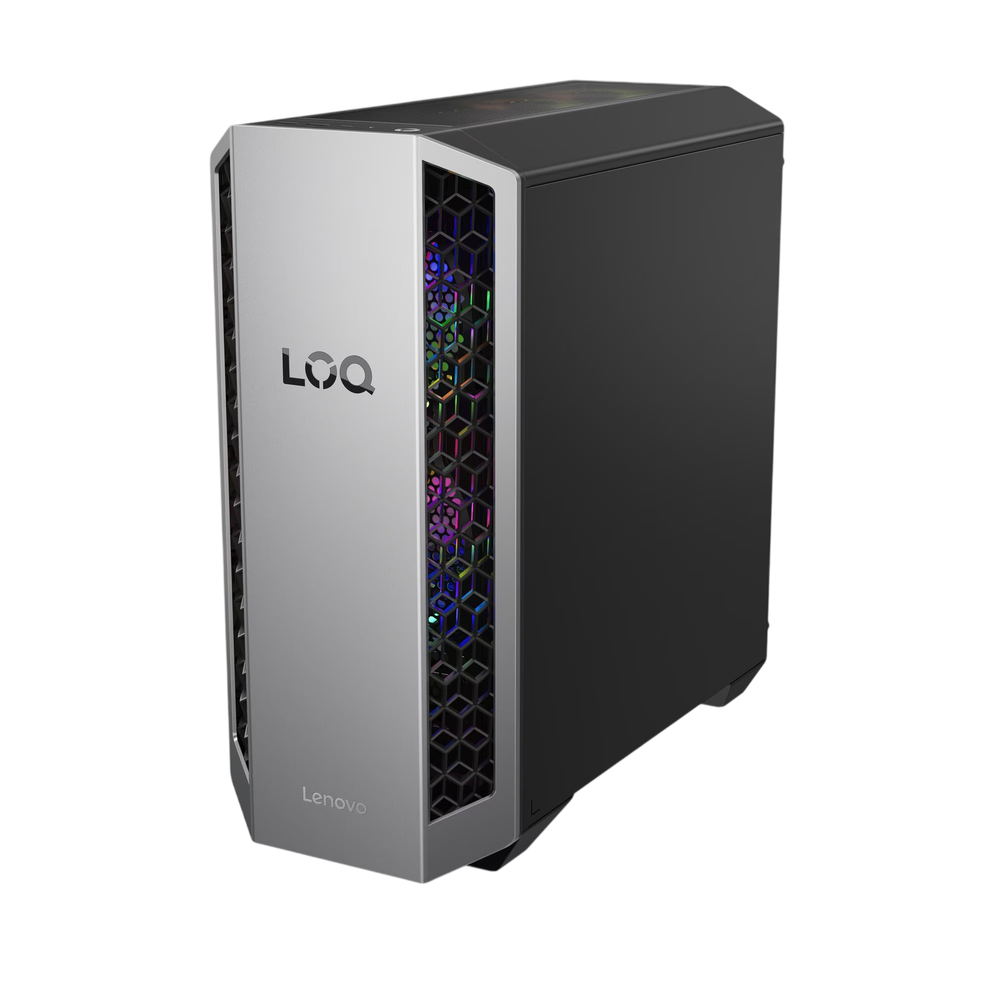 Ein weißer und schwarzer Gaming-PC mit RGB-Lüftern und dem Logo 'LOQ'.