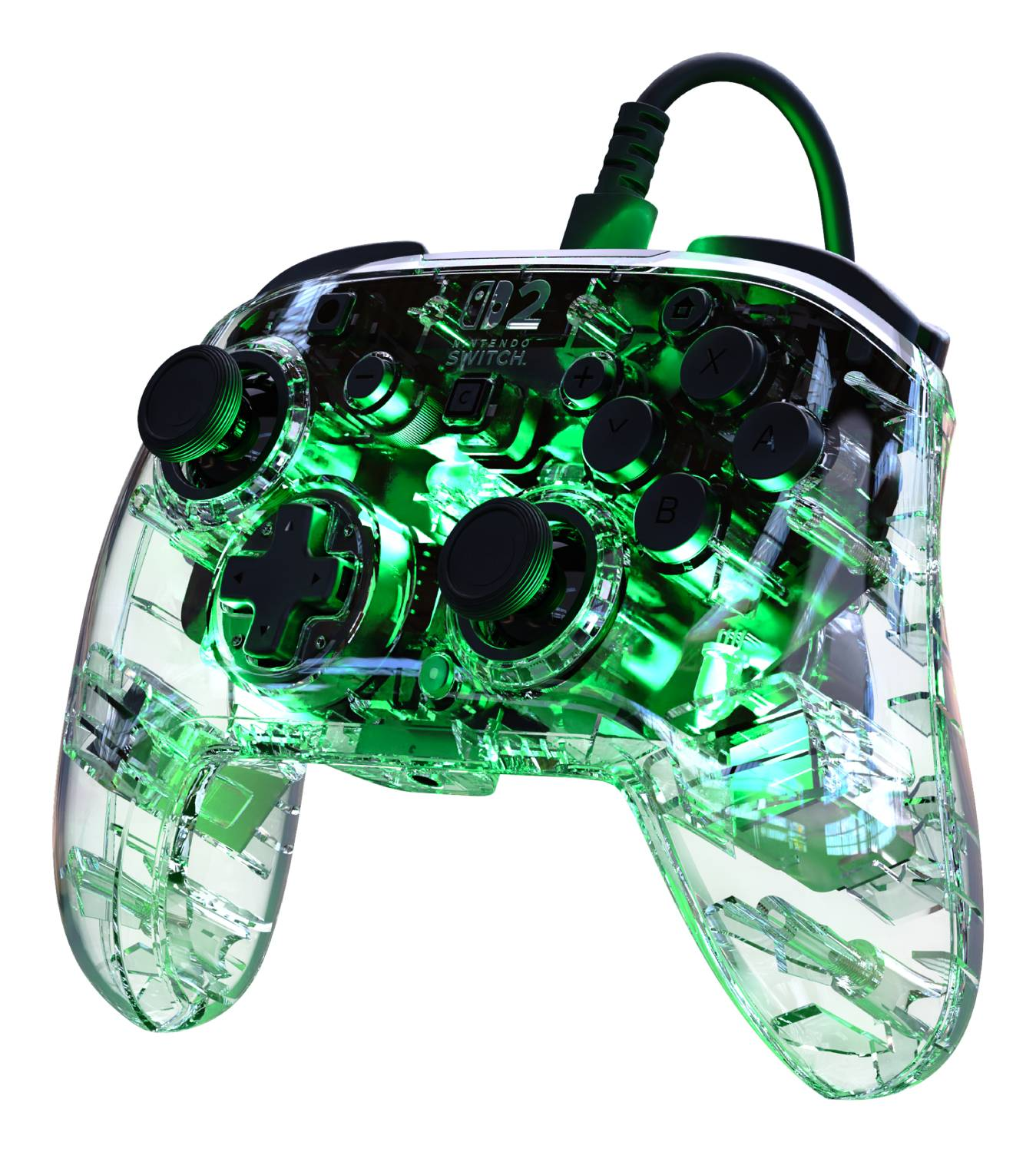 Controlador transparente con iluminación interna verde y botones negros.