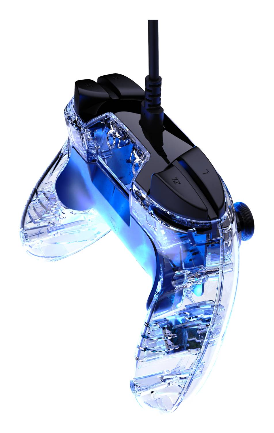 Controlador azul transparente con botones negros y cable negro.