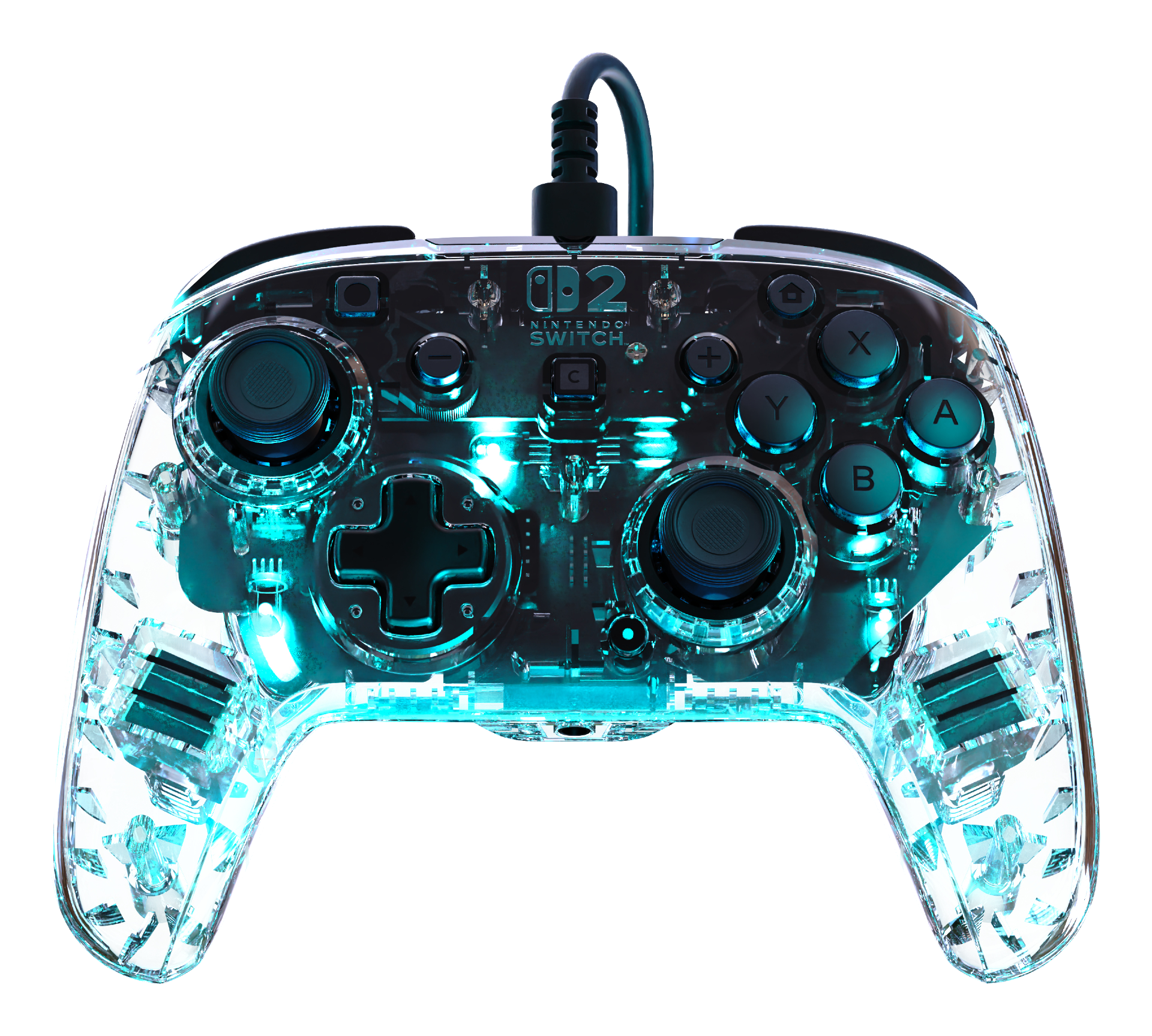 Controlador transparente de Nintendo Switch con luces azules y cable.