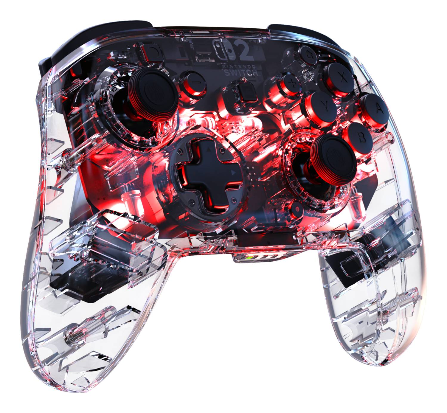 Controlador de juegos transparente con luces internas rojas visibles.