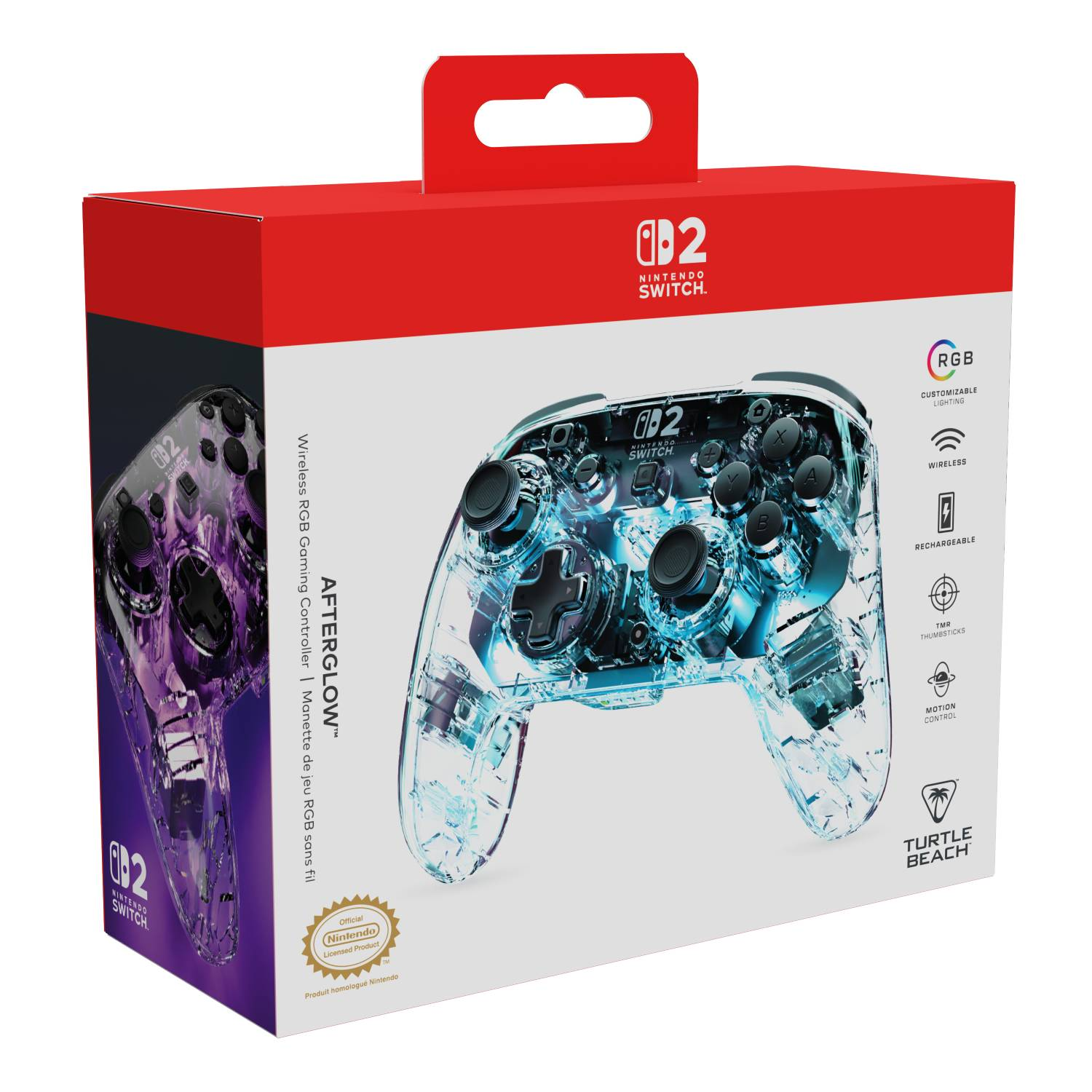 Caja de un controlador transparente Nintendo Switch con iluminación RGB.