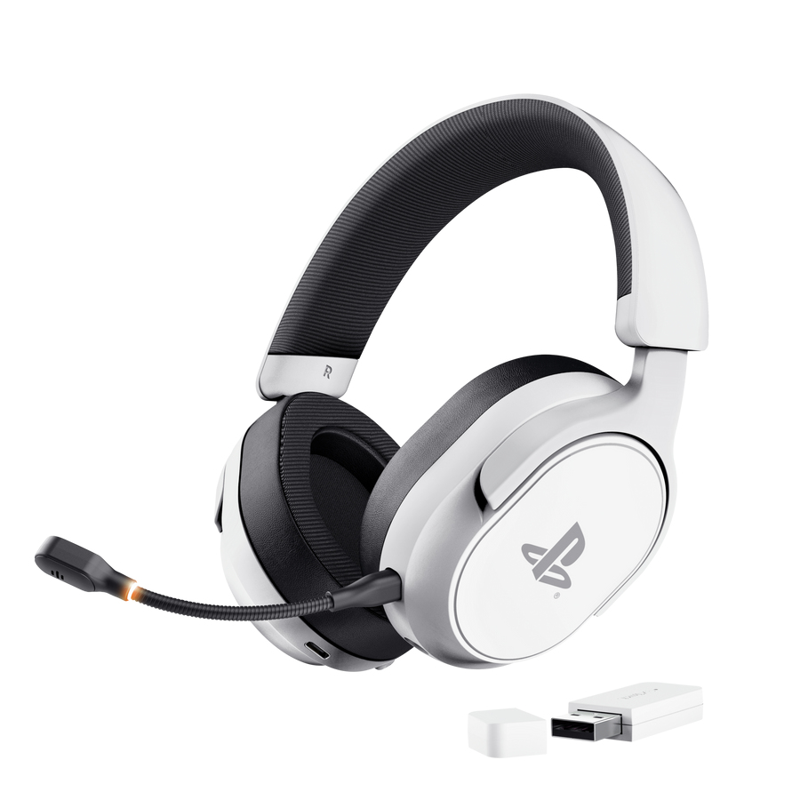 Auriculares blancos con micrófono y dongle USB, logo PlayStation.