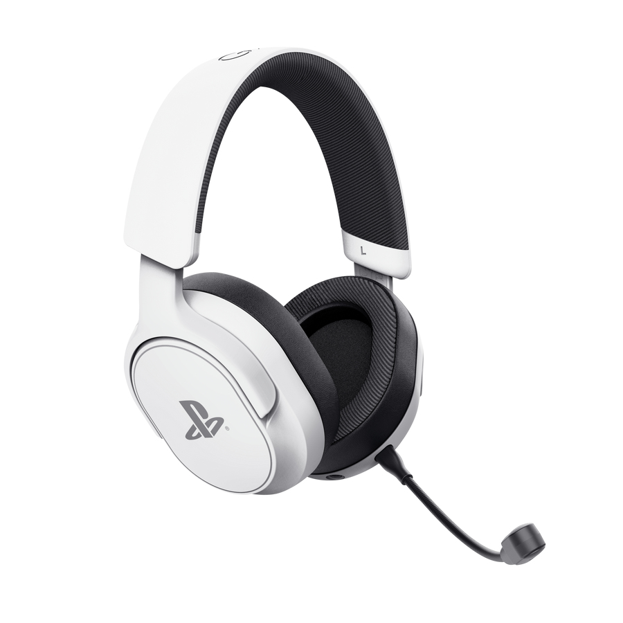 Auriculares blancos con diadema y micrófono negros, logo de PlayStation.