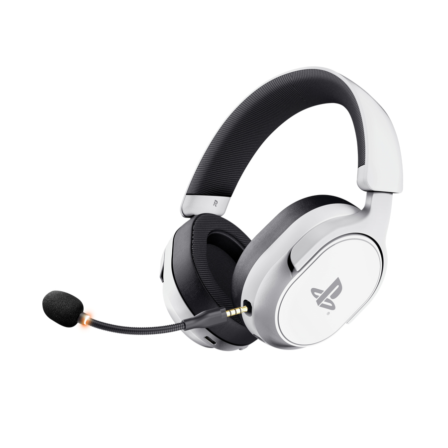 Auriculares blancos con micrófono y logo de Playstation sobre fondo blanco.