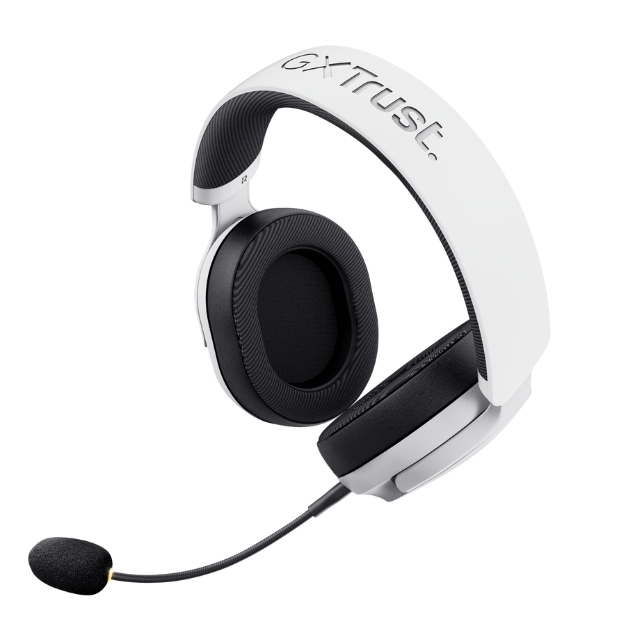Auriculares blancos con almohadillas negras y micrófono. Logotipo GXT en la diadema.