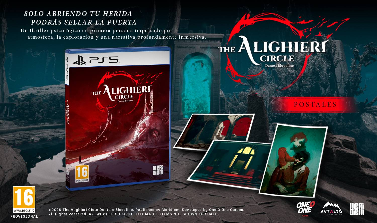 Portada de juego PS5, postales y descripción de 'The Alighieri Circle'.