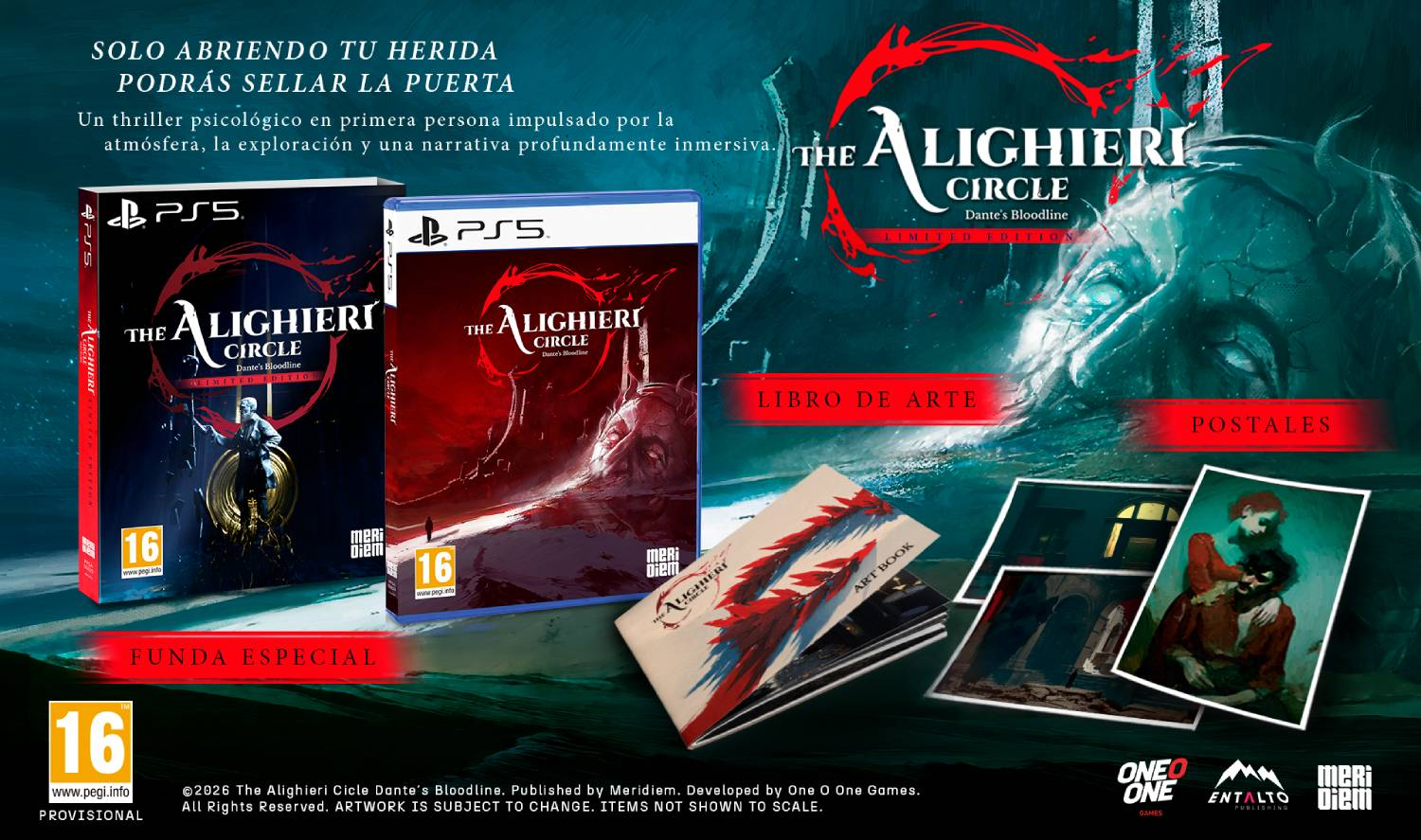 Empaques y arte del juego 'The Alighieri Circle', inspirado en Dante.