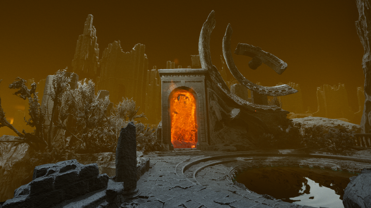 Un antiguo arco de piedra con un portal ardiente en un paisaje desolado y alienígena.