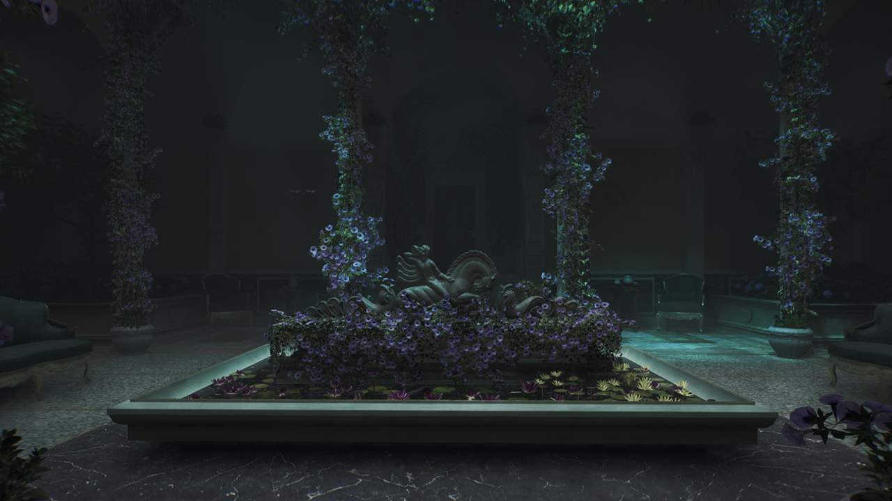 Una fuente con escultura y flores moradas, enmarcada por columnas cubiertas de plantas.