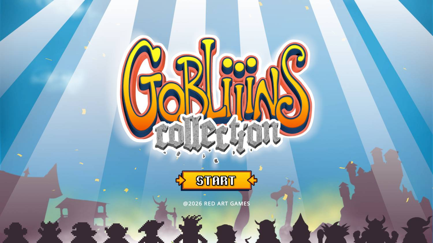Pantalla de inicio del juego con título 'Goblins Collection', botón 'Start' y siluetas.