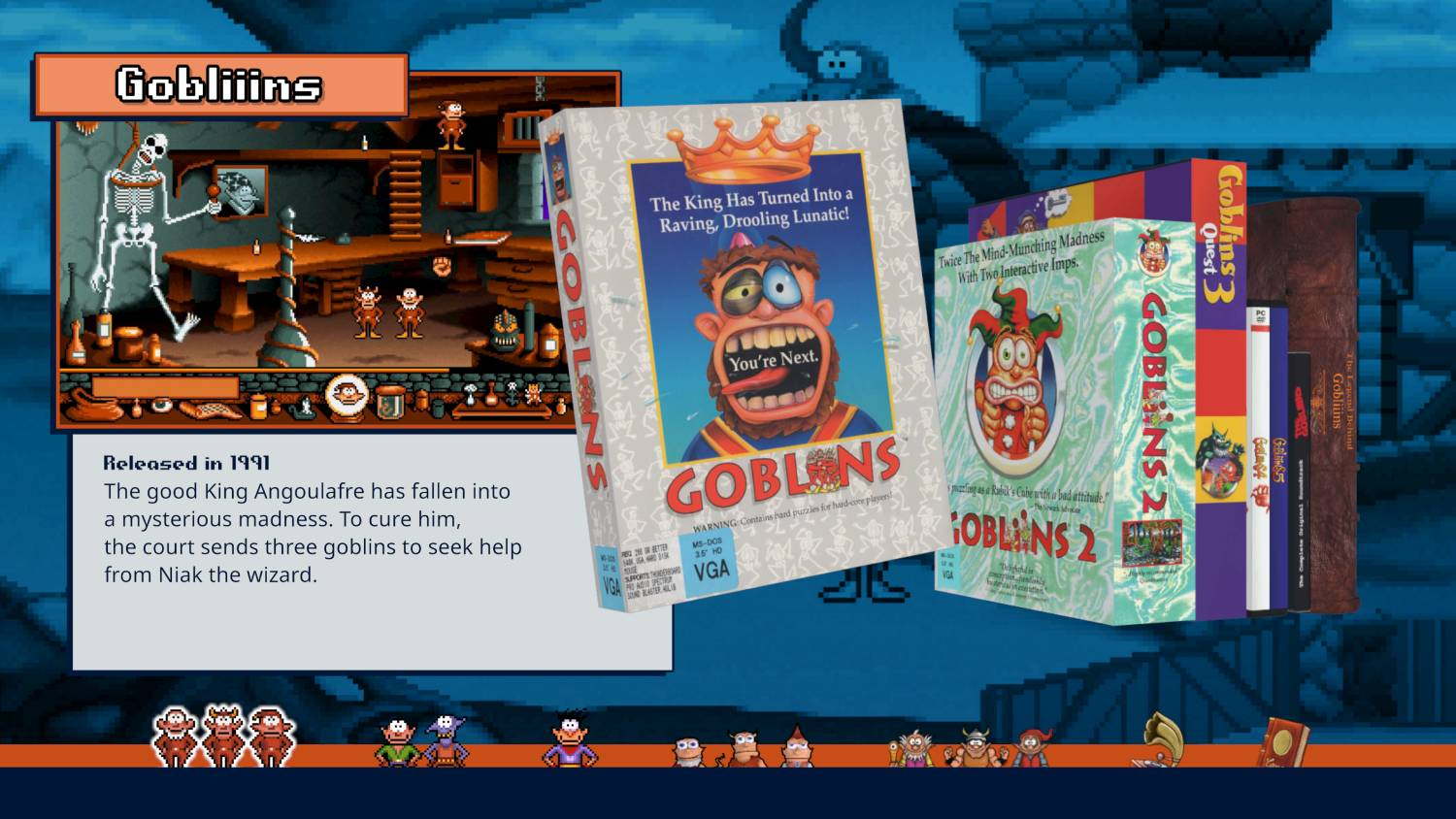 Arte de píxeles muestra el juego Gobliiins y sus cajas. Un esqueleto cuelga, un rey está loco.