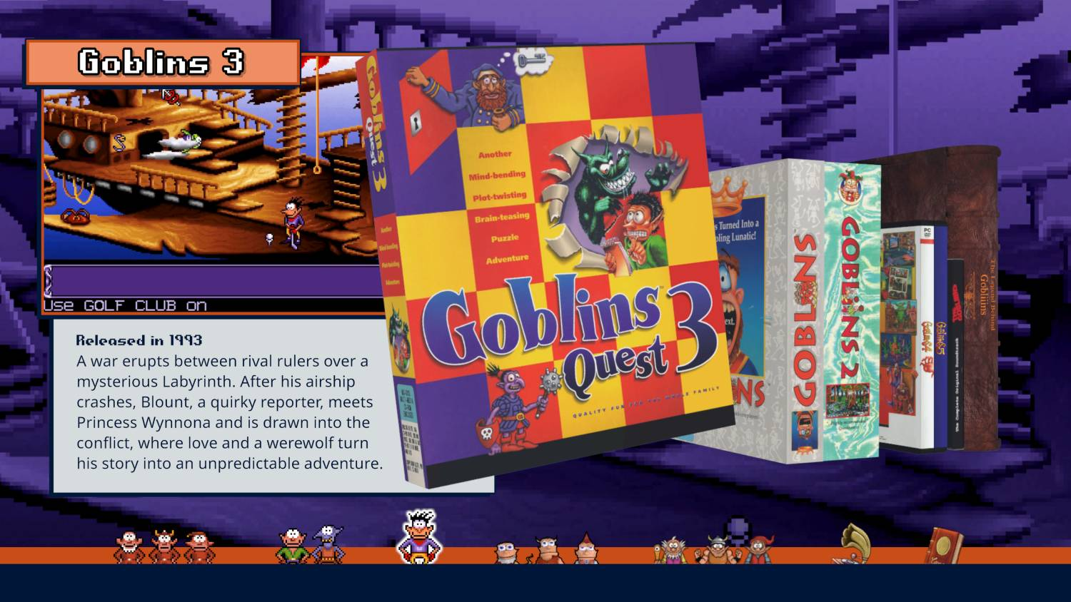 Las cajas de los juegos Goblins 3 y otros juegos se exhiben en un estante.