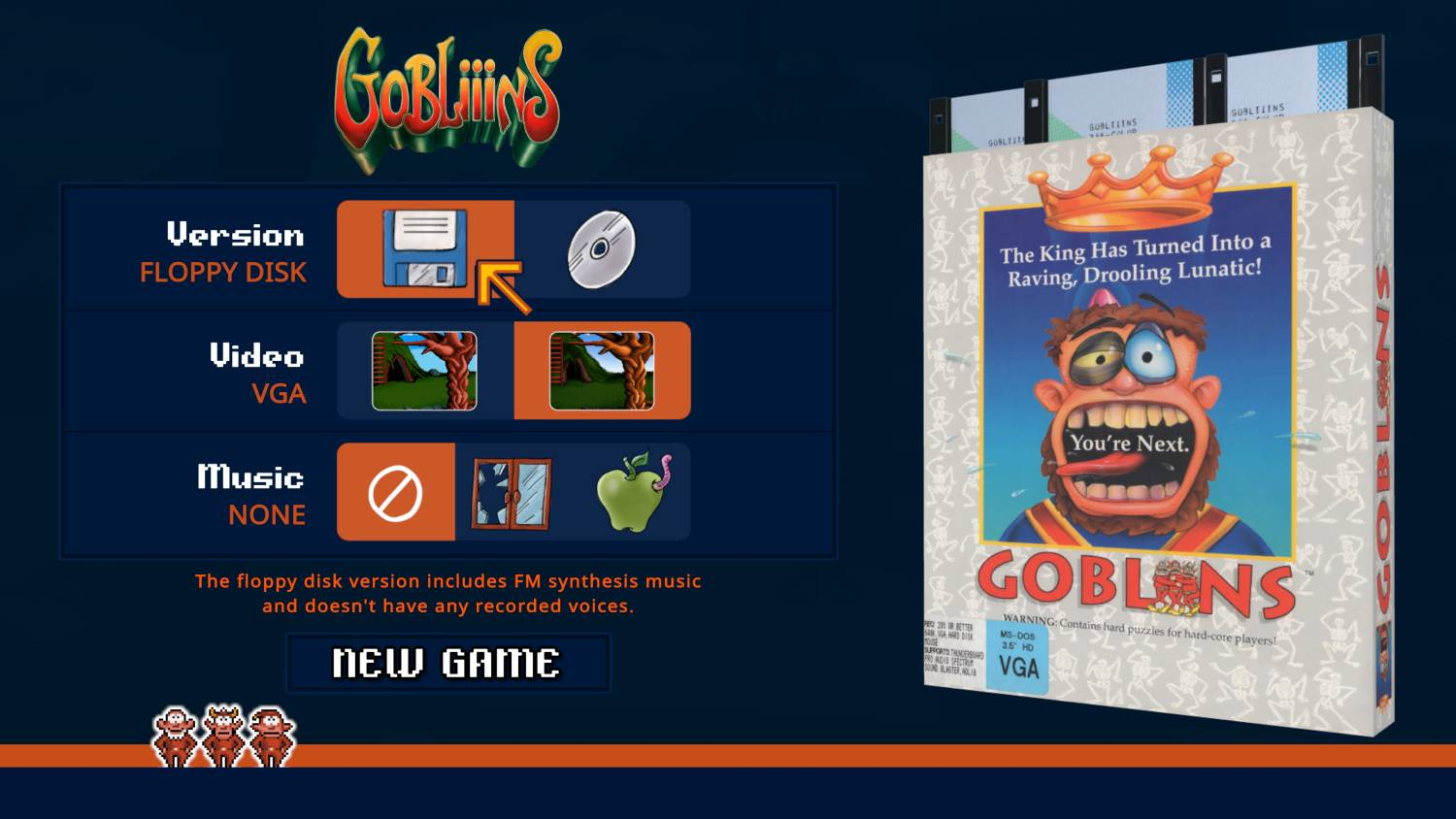 Menú del juego con opciones de disquete, video VGA y sin música. Caja del juego a la derecha.