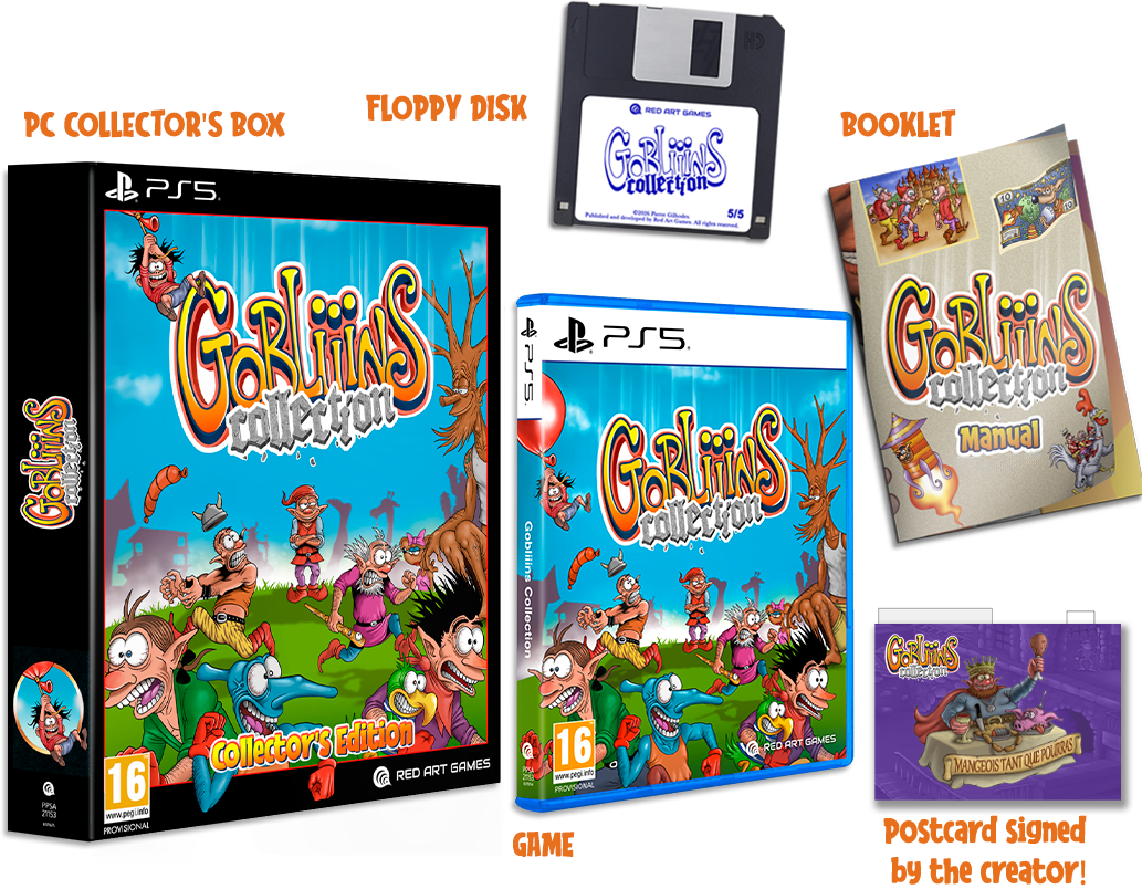 Embalaje del juego con personajes, disquete, manual y postal.